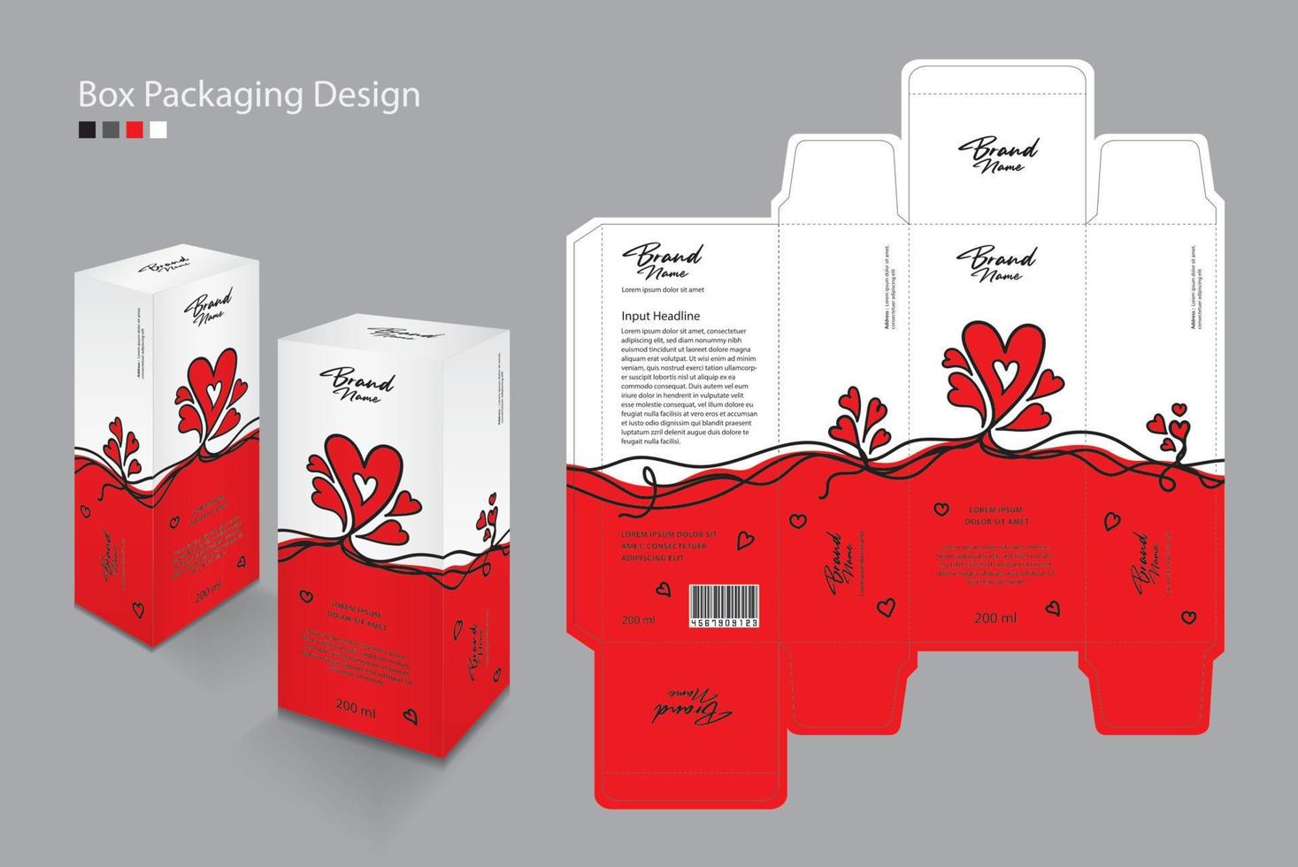 caja, plantilla de embalaje para cosmética, suplemento, spa, belleza, comida, cabello, piel, loción, medicina, crema. plantilla de idea creativa de diseño de producto. ilustración de vector de concepto de día de san valentín