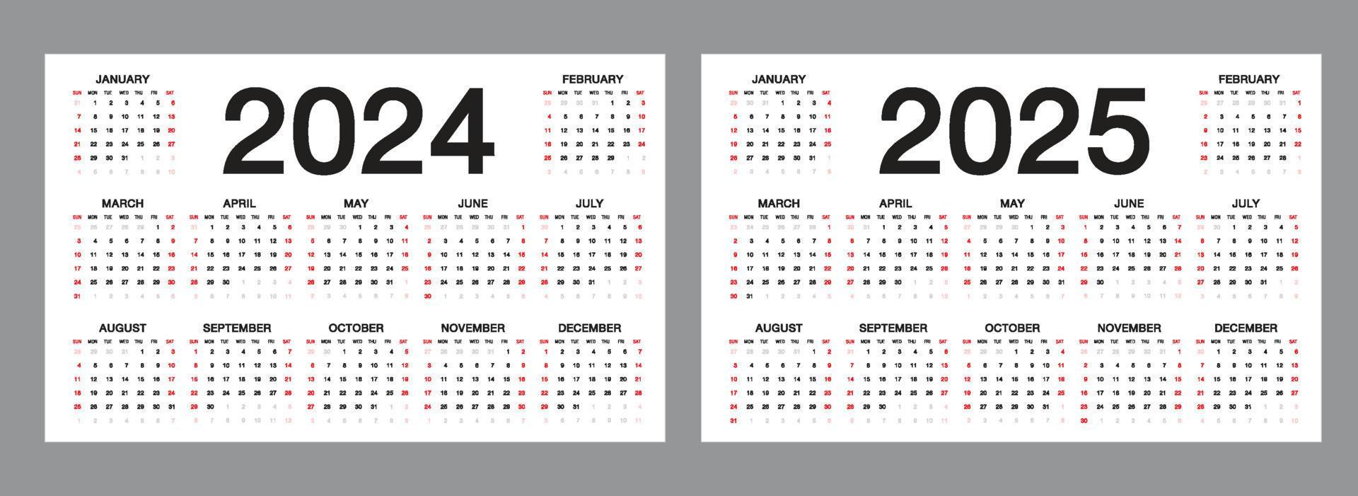 Simple calendar Layout for 2024, 2025 years on white background, desk