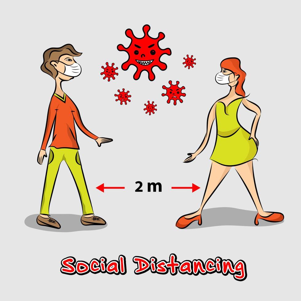 Social Distancing man with women wearing surgical or medical face mask maintain to prevent COVID-19.  Cartoon vector illustration
