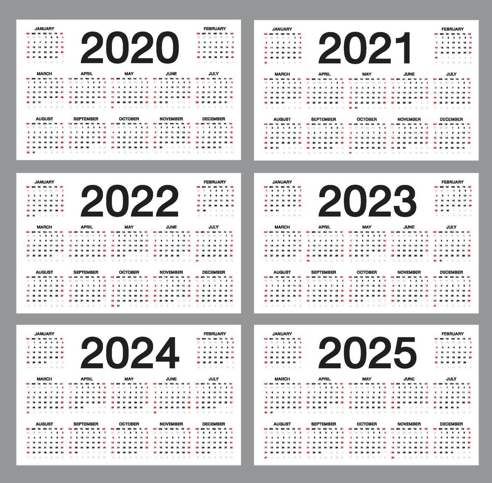 plantilla de calendario simple para 2020, 2021, 2022, 2023, 2024, 2025 años sobre fondo blanco, calendario de escritorio, la semana comienza el domingo, diseño de organizador de negocios, ilustración vectorial vector