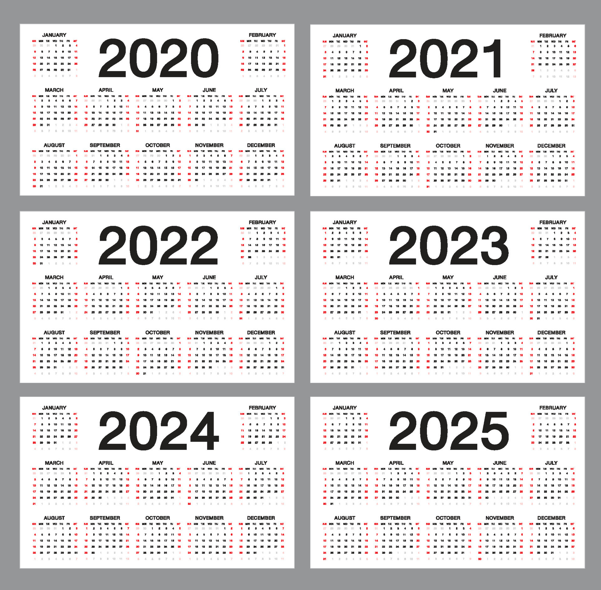 plantilla de calendario simple para 2020, 2021, 2022, 2023, 2024, 2025 años  sobre fondo blanco, calendario de escritorio, la semana comienza el  domingo, diseño de organizador de negocios, ilustración vectorial 7924464  Vector en Vecteezy