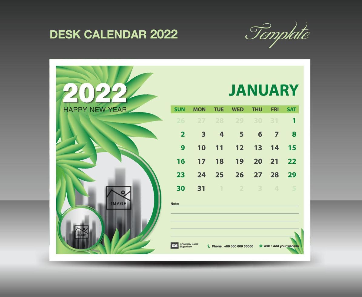 diseño de calendario 2022, plantilla de mes de enero, plantilla de calendario de escritorio 2022 concepto de naturaleza de flores verdes, planificador, idea creativa de calendario de pared, anuncio, plantilla de impresión, vector eps10