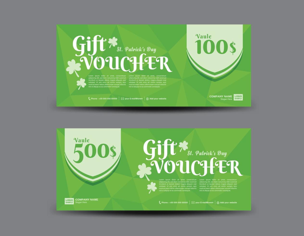 St. Patrick's Day Gift voucher card, Green Gift Voucher template, coupon design, certificate, ticket template, discount card, sale banner design, vector illustration