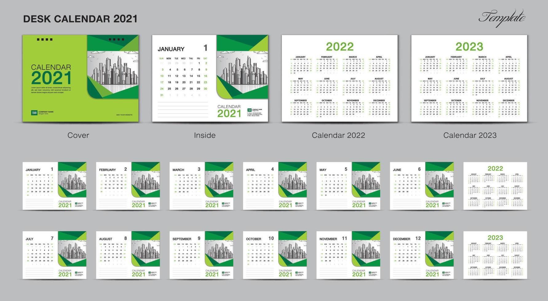 establecer diseño creativo de plantilla de calendario de escritorio 2021, calendario 2022, diseño de 2023, calendario de escritorio de maqueta 3d, diseño de portada de calendario, conjunto de 12 meses, la semana comienza el domingo, papelería. vector