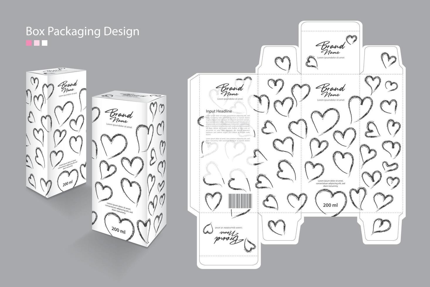 caja, plantilla de embalaje para cosmética, suplemento, spa, belleza, comida, cabello, piel, loción, medicina, crema. idea creativa de diseño de producto. cajas 3d, fondo pastel de patrón de línea, forma de corazón negro vector