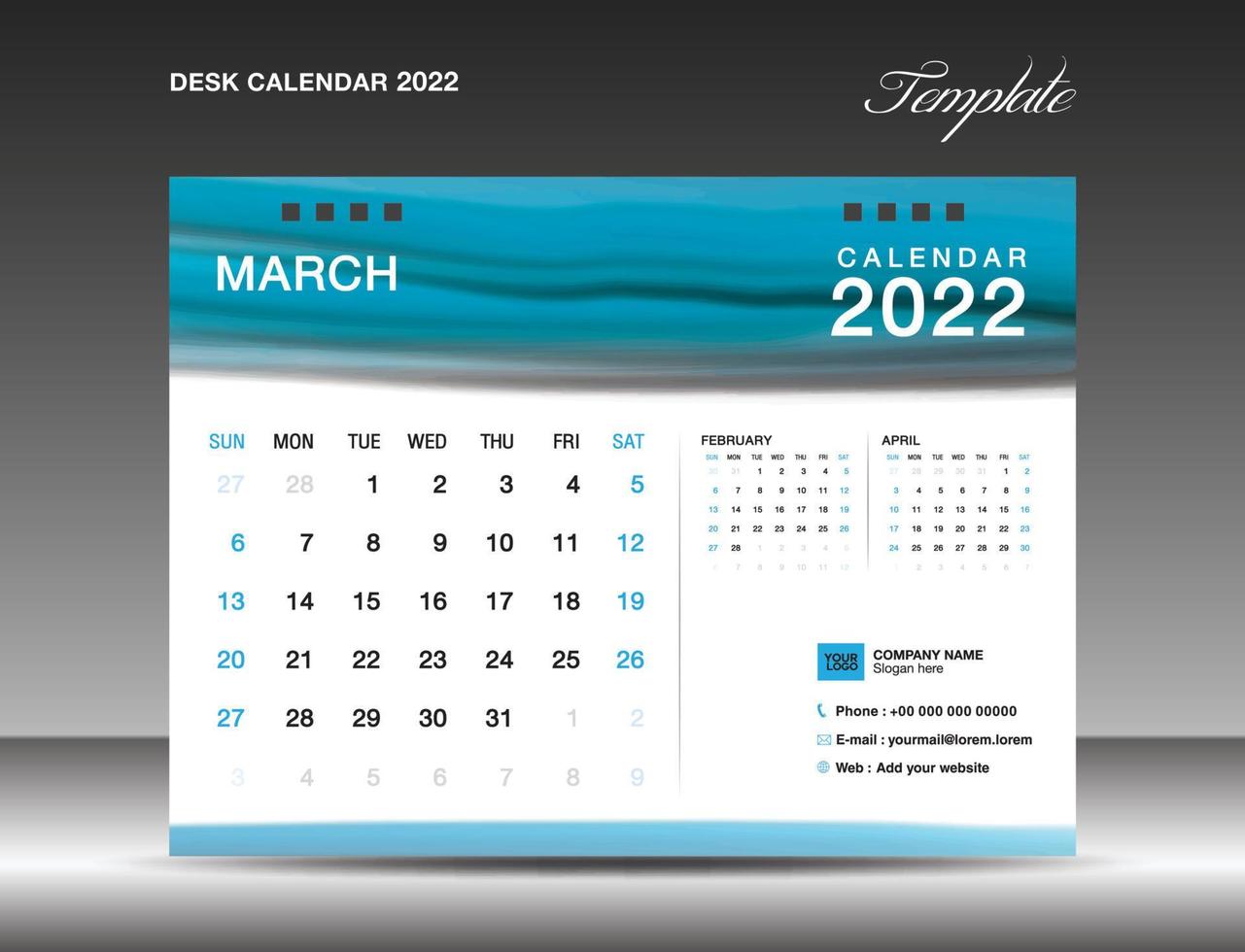 vector de plantilla de calendario de escritorio 2022, año de marzo de 2022