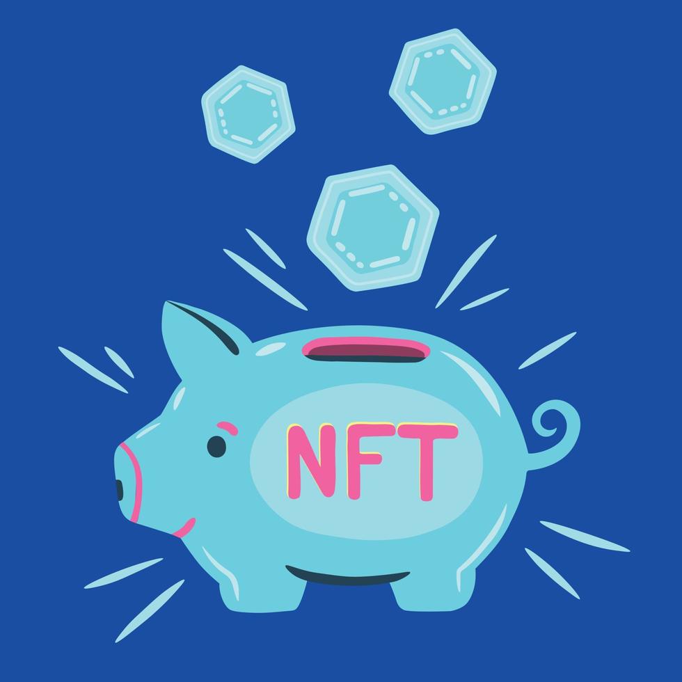 Piggy Bank with NFT Tokens. Nft and Cryptocurrency Investment Concept vector
