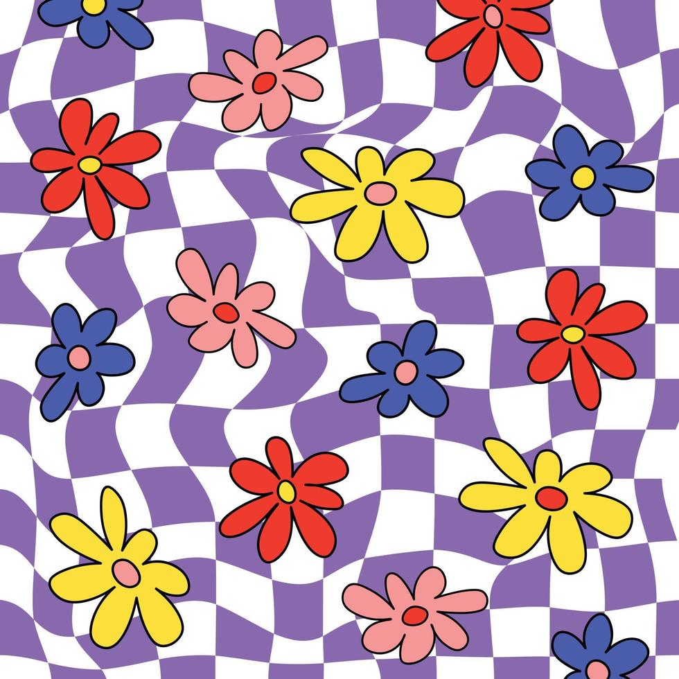 Retro Groovy Daisy Flowers Background 1970 and 1960 Style. Psychedelic Trippy Vector Wallpaper with Cartoon Daisy Flowers