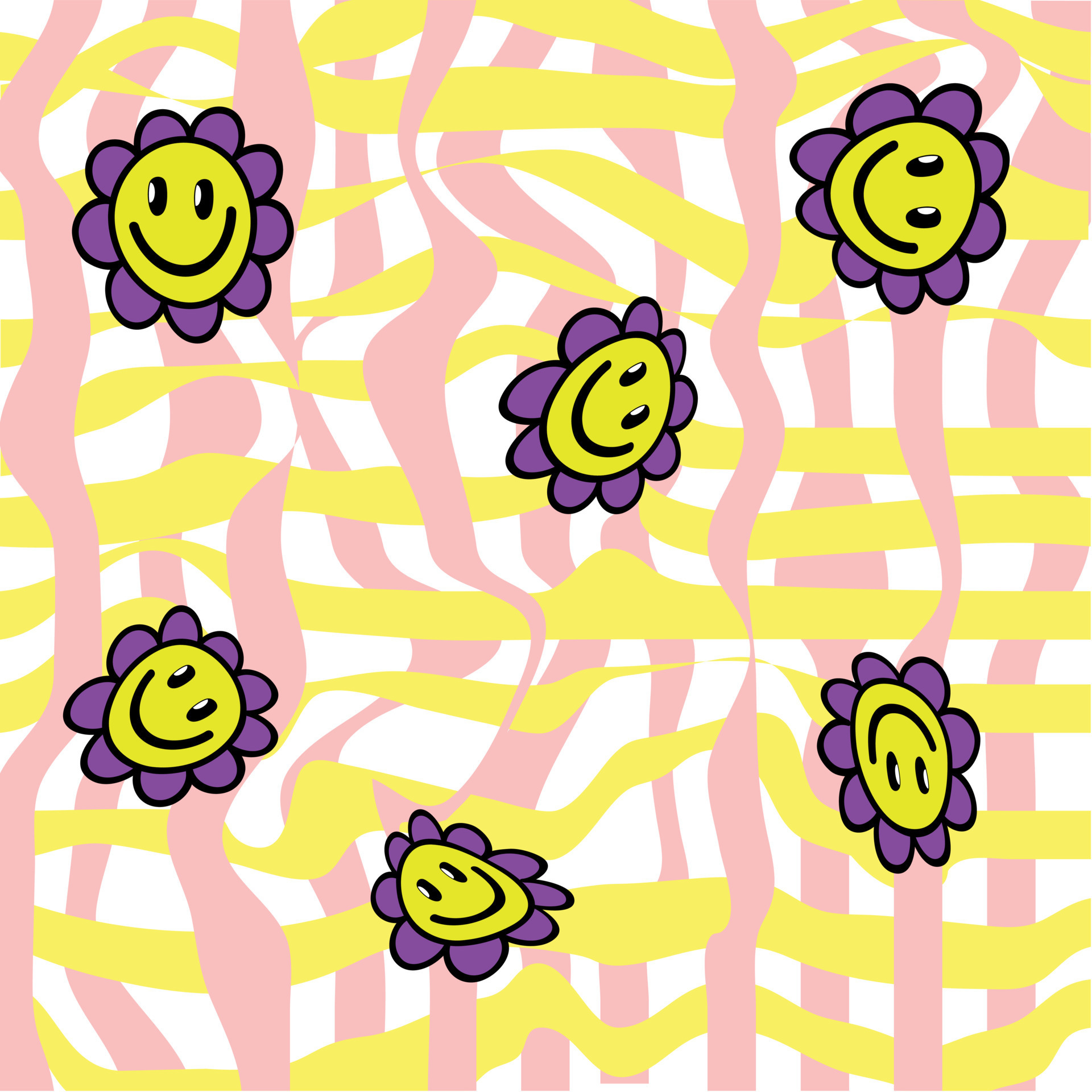 Groovy Retro 1970s Wallpaper with Daisy Smile. Cute Psychedelic Vector ...