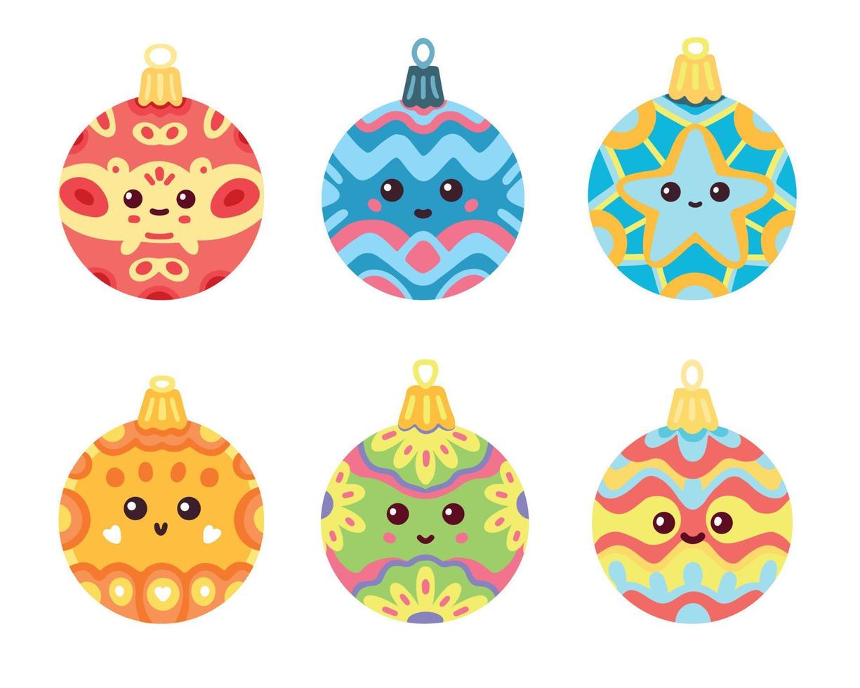 Set of Funny Cute Decorative Christmas Balls. Vector Set of Ornamental Christmas Balls
