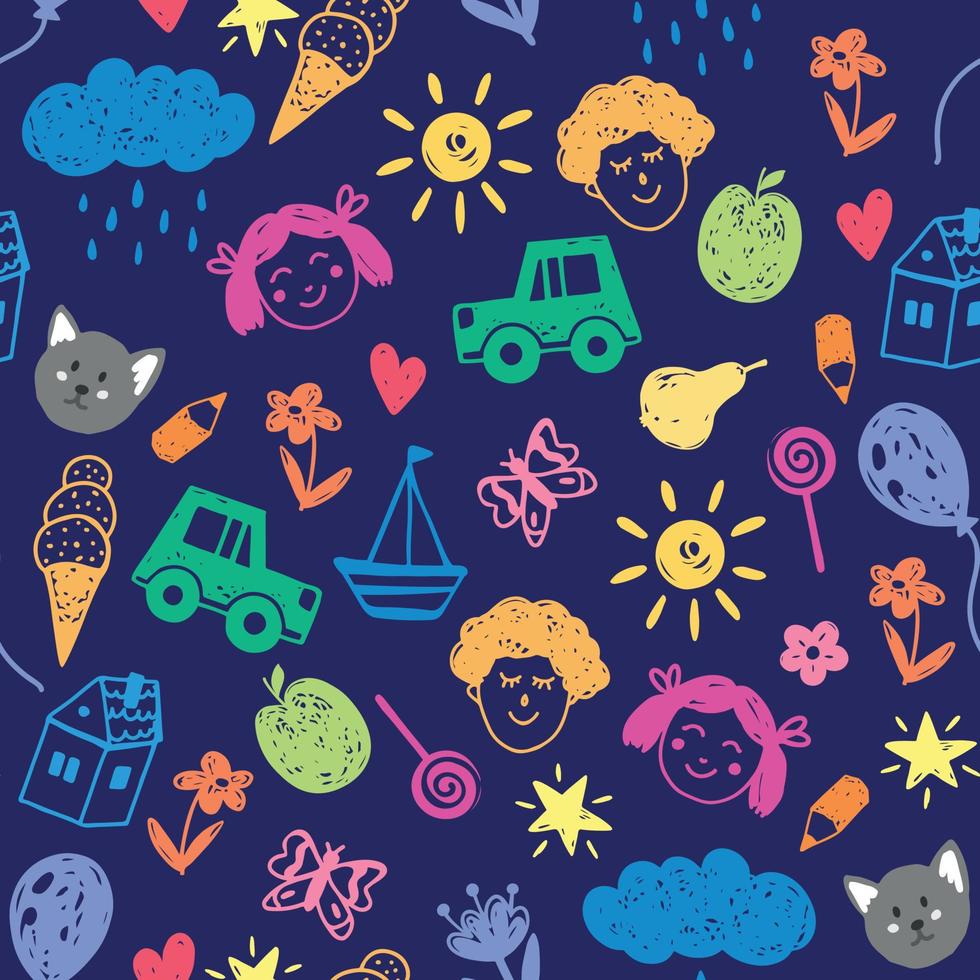 Childish Seamless Pattern with Funny Doodles on Blue Background vector