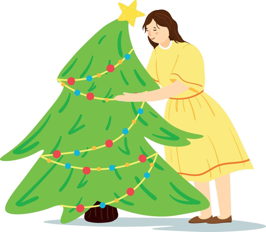 Happy Cute Girl at the Christmas Tree. Happy New Year and Wishes Come True Concept vector