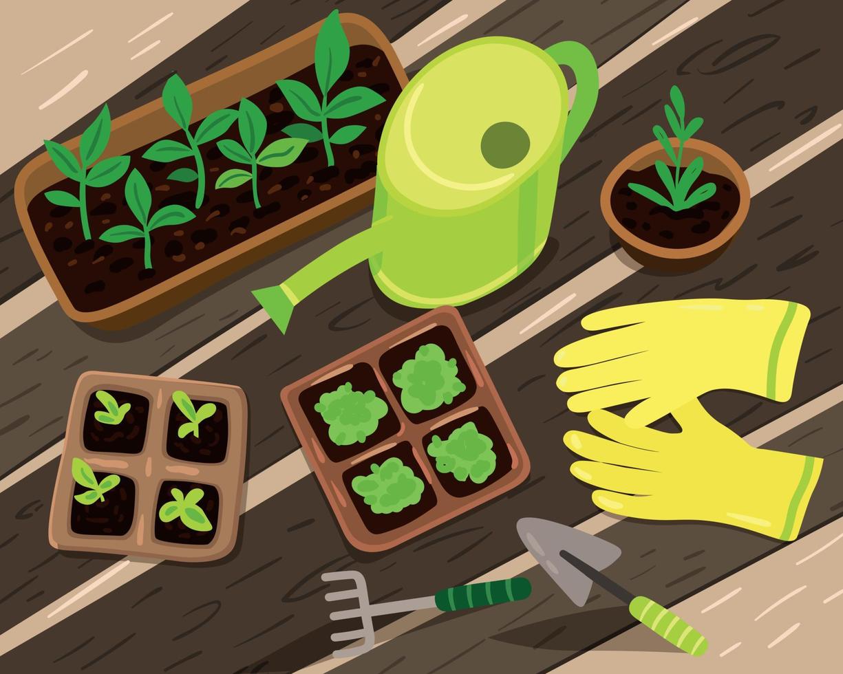 Cute Vector Composition with Garden Tools and Seedlings. Garden Work Illustration