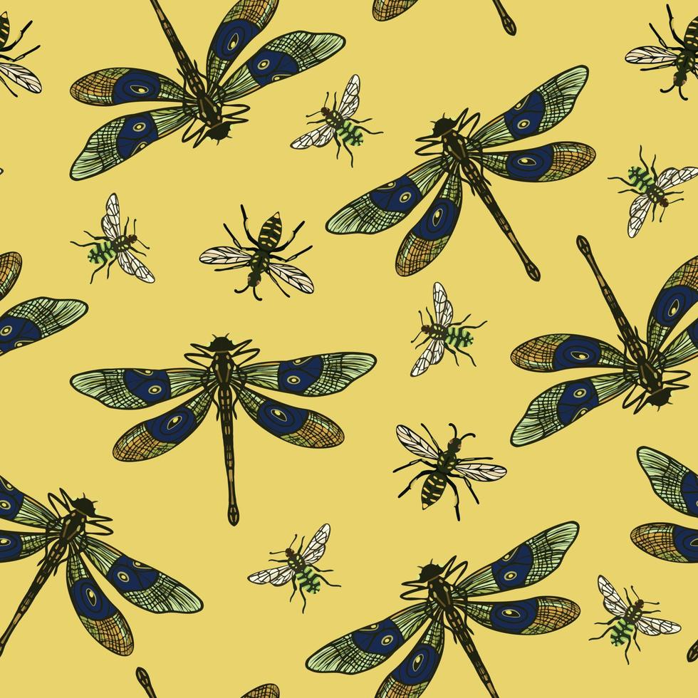 patrón decorativo sin costuras con libélula y abejas sobre fondo amarillo vector