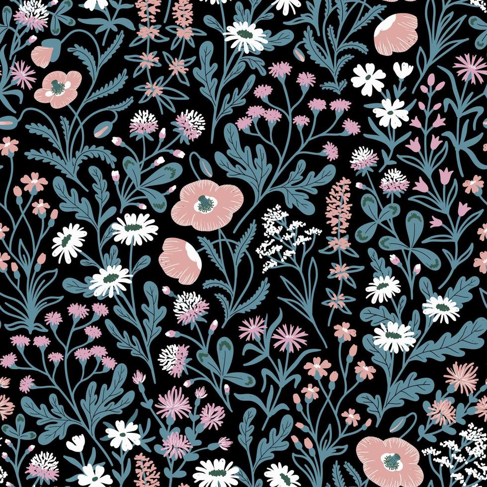 BLACK VECTOR SEAMLESS BACKGROUND WITH A VARIETY OF WILDFLOWERS