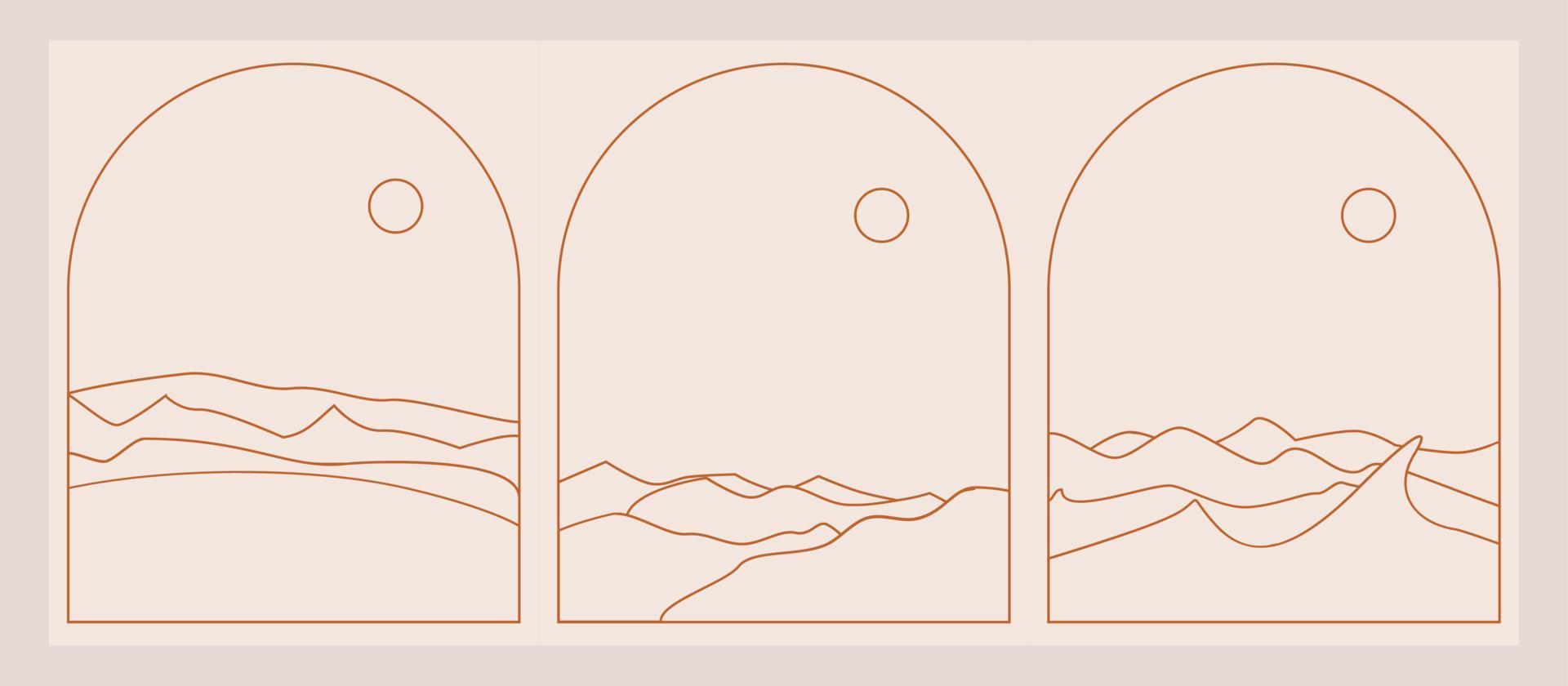 Set of Boho Landscape Logos in Trendy Minimal Liner Style vector