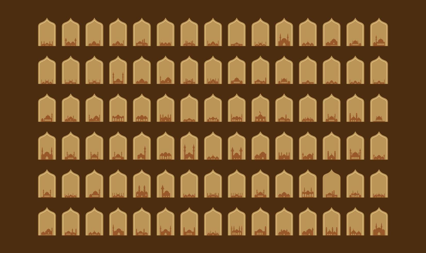 Set of illustrations of mosque silhouettes in Islamic windows vector