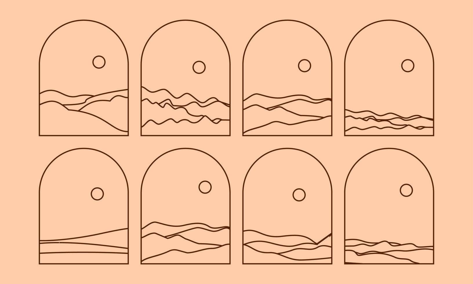 Set of Boho Landscape Logos in Trendy Minimal Liner Style vector