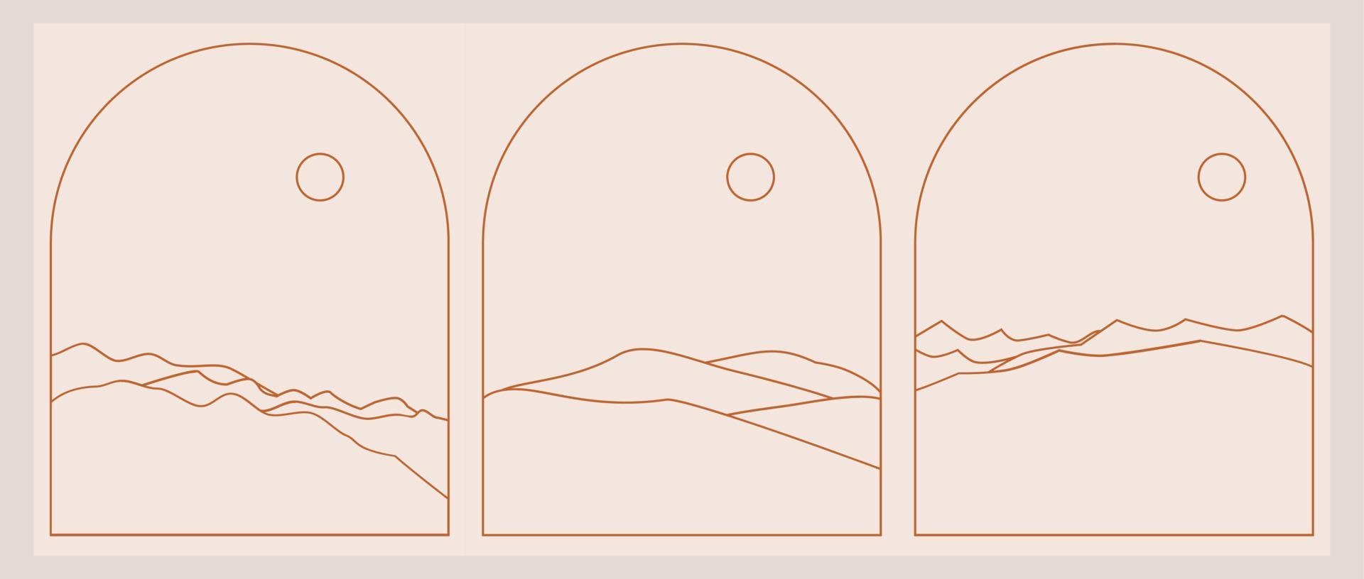 Set of Boho Landscape Logos in Trendy Minimal Liner Style vector