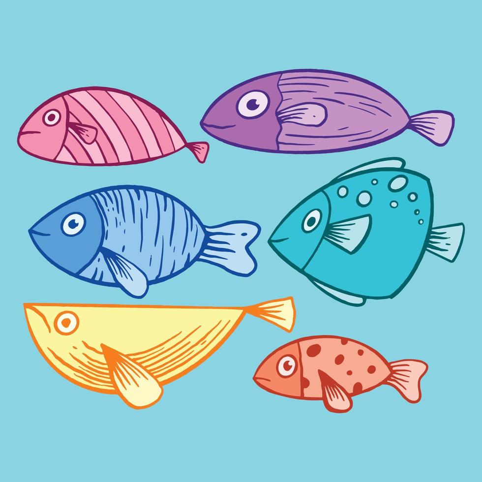 colección dibujado a mano pescado doodle niños ilustración para pegatinas póster, etc. vector