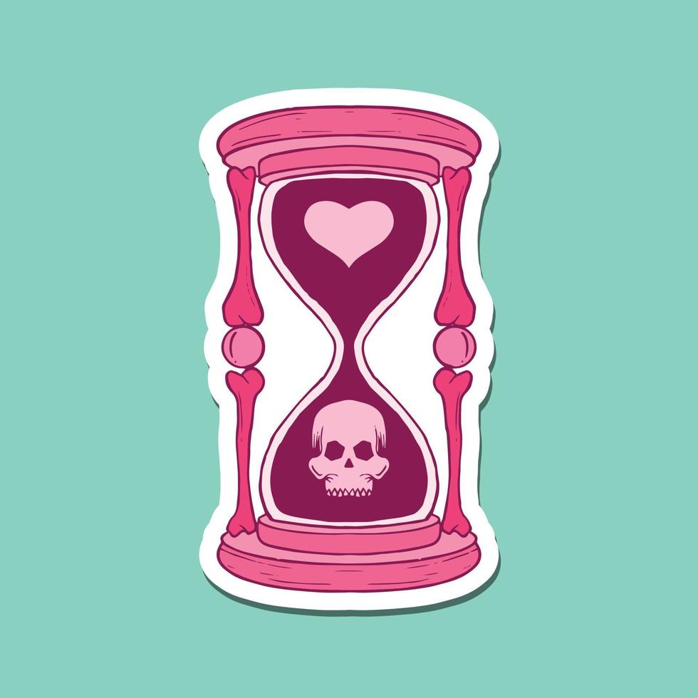 reloj de arena dibujado a mano con ilustración de garabato de calavera para póster de pegatinas de tatuaje, etc. vector