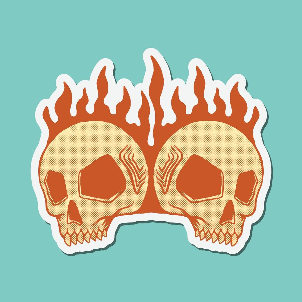 dibujado a mano ilustración de garabato de cráneo gemelo ardiente para cartel de pegatinas de tatuaje, etc. vector