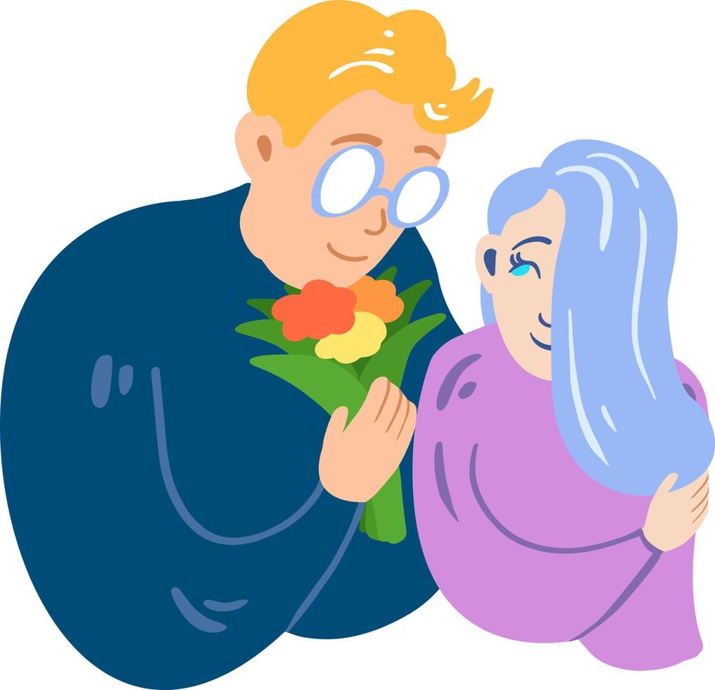 pareja romántica en una primera cita. ilustración vectorial dibujada a mano. un joven sonriente le da flores a una chica tímida. adecuado para sitios web, pegatinas, tarjetas de felicitación, aplicaciones de citas. vector