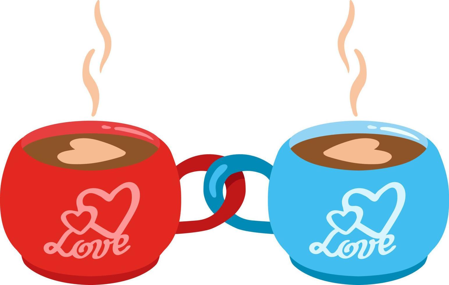 par de tazas con café y con la inscripción amor. tazas rojas y azules con café y decoración. ilustración vectorial dibujada a mano. adecuado para sitios web, pegatinas, tarjetas de felicitación. vector