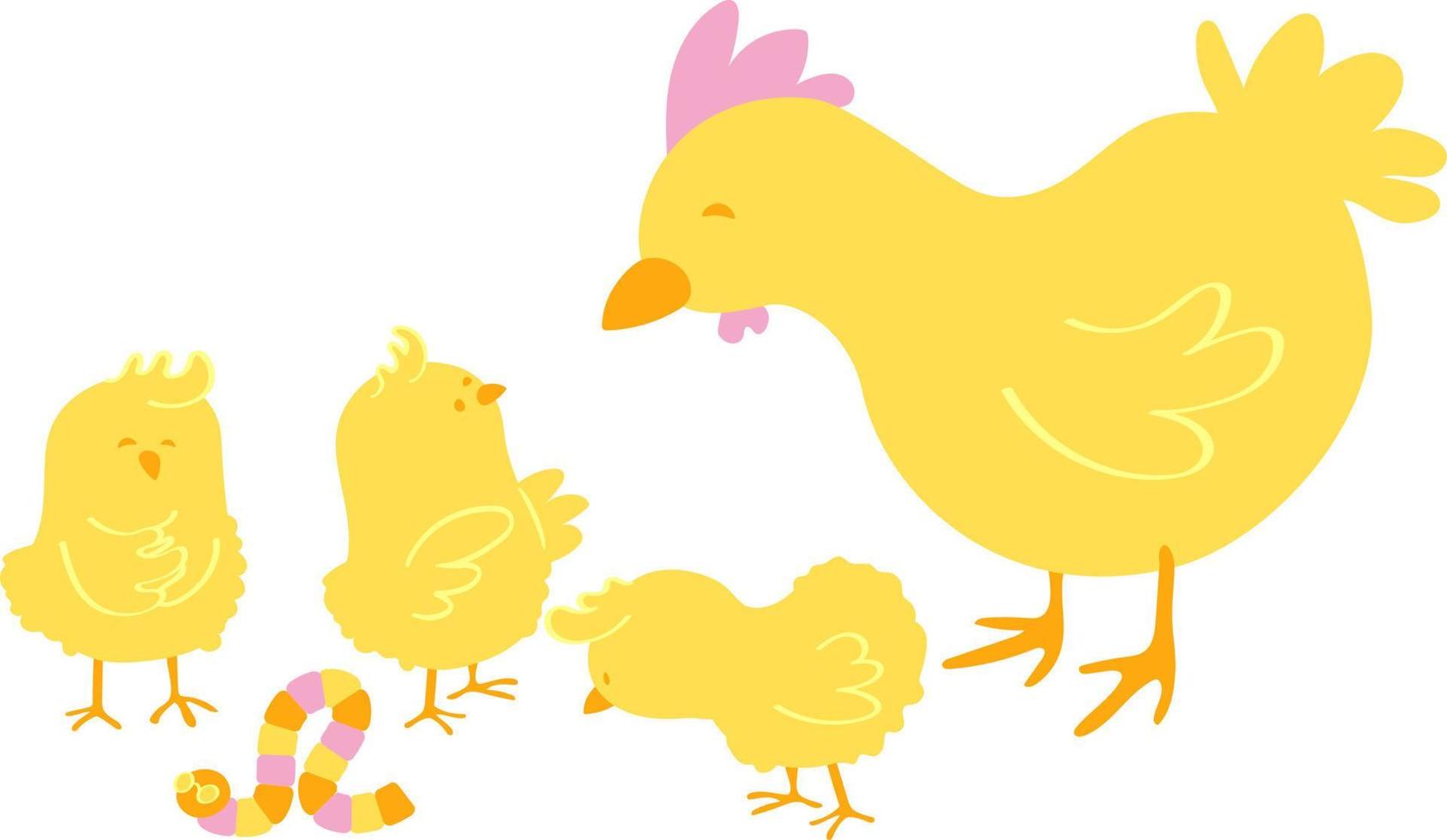 familia de pollos, pollo con tres lindos pollos y una oruga. ilustración vectorial dibujada a mano. adecuado para sitios web, pegatinas, tarjetas de felicitación, papel de regalo, tela o textil. vector