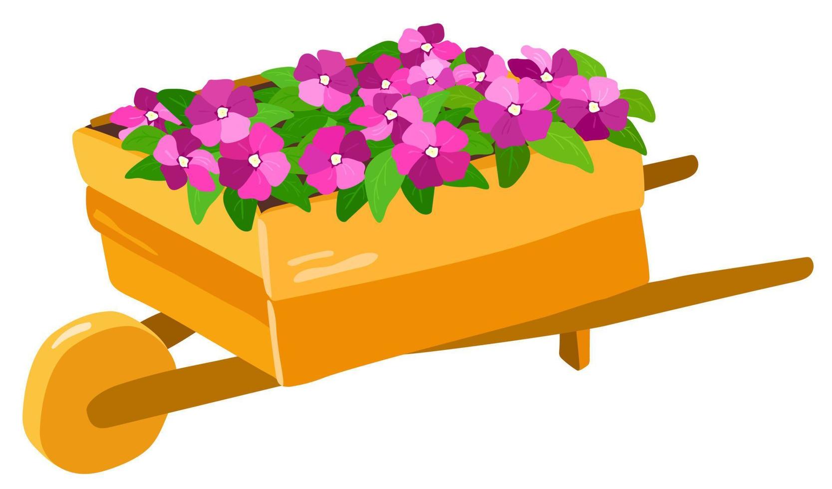 Wooden yellow wheelbarrow with periwinkles. Hand drawn vector illustration. Suitable for stickers, greeting cards, gift paper.