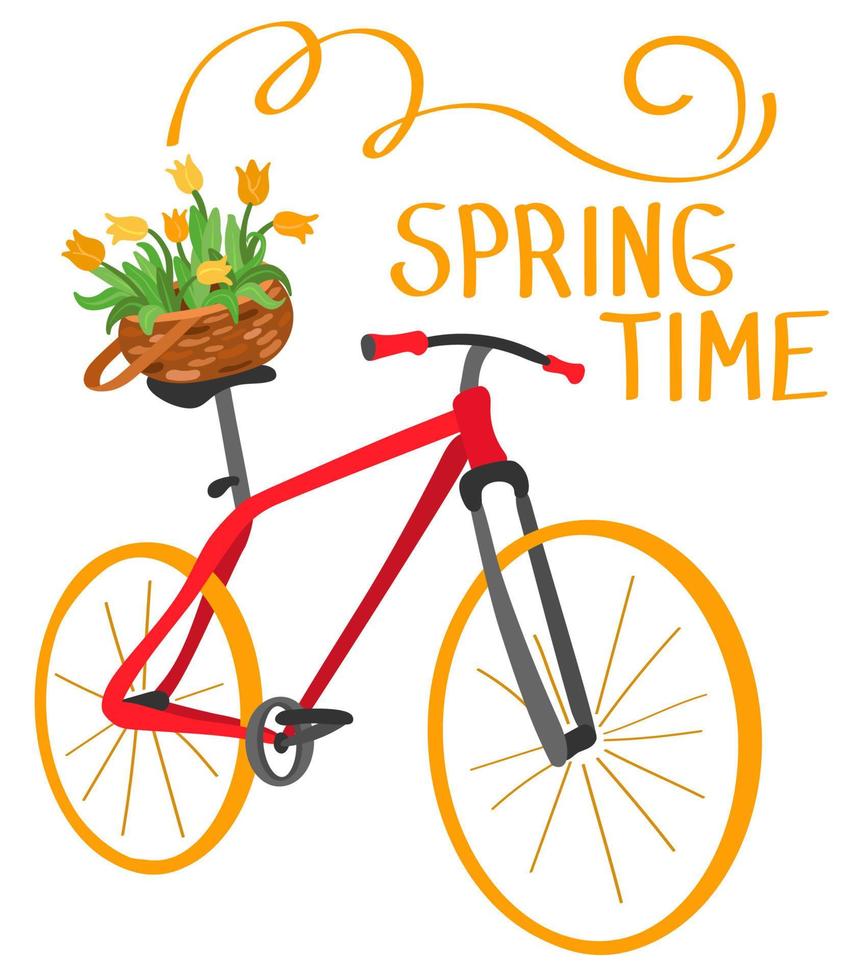 Red bicycle with yellow tulips flowers in a basket and the inscription SPRING TIME. Hand drawn vector illustration. Suitable for website, stickers, greeting cards, gift paper.