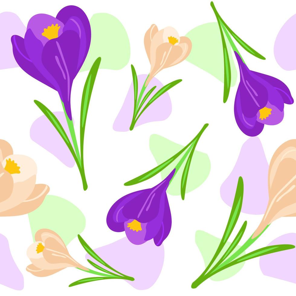 Crocus seamless pattern. Spring flowers in purple and beige. Hand drawn vector illustration. Suitable for web background, gift paper, fabric or textile.