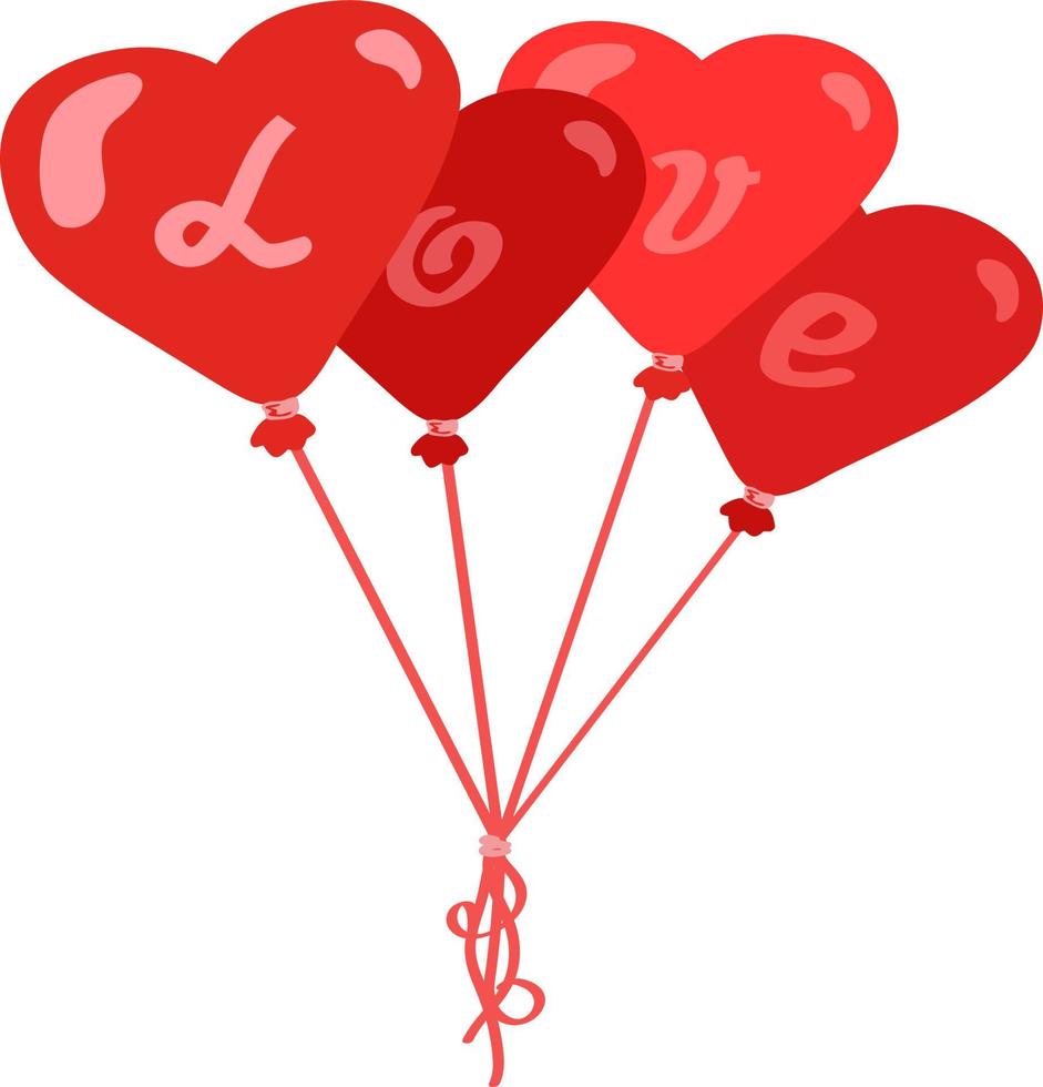 Red balloons in the shape of a heart with the inscription LOVE. Hand drawn vector illustration. Suitable for website, stickers, greeting cards, dating applications.