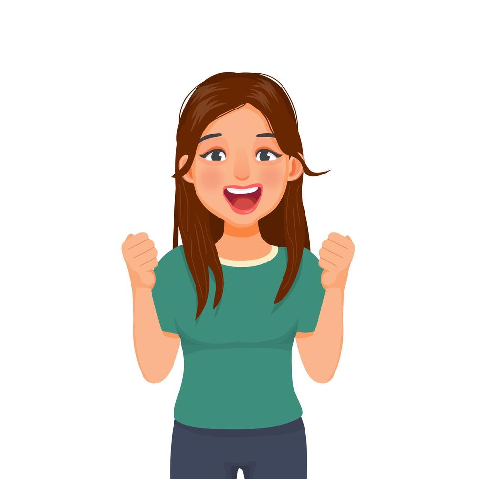 happy and excited young woman making fist pump winner gesture with arms raised, smiling and shouting for victory celebrating successful of achieving goals vector