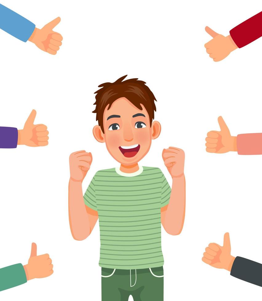 Happy success young man surrounded by many thumbs up gesturing hands getting public approval, positive feedbacks, appreciation, opinion, respect, recognition, honor and like gestures vector