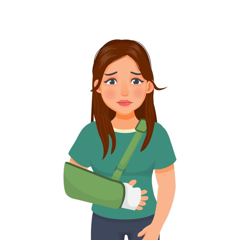 Sad young woman with broken arm suffering from hand injury wearing hand splint with an arm sling vector