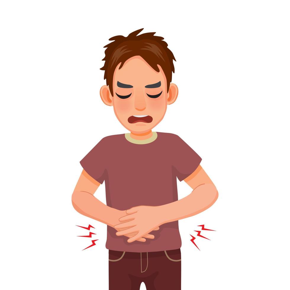 Young man suffering from stomachache, diarrhea, indigestion problem, abdominal pain, food poisoning, nausea, gastritis or bloating vector