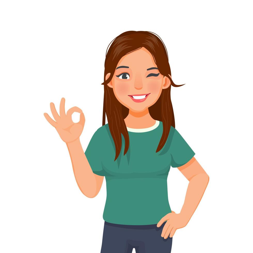 Happy beautiful young woman giving well done ok sign with winking eye and positive feedback approval standing with hand on waist looking confident smiling expression vector