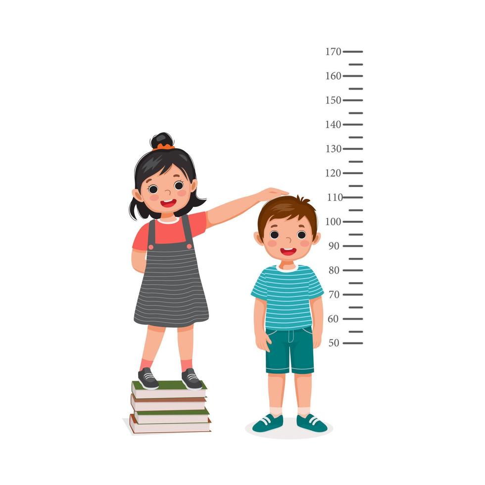 cute little girl standing on stack of books measuring height of little boy growth with measurement ruler on the background of wall vector