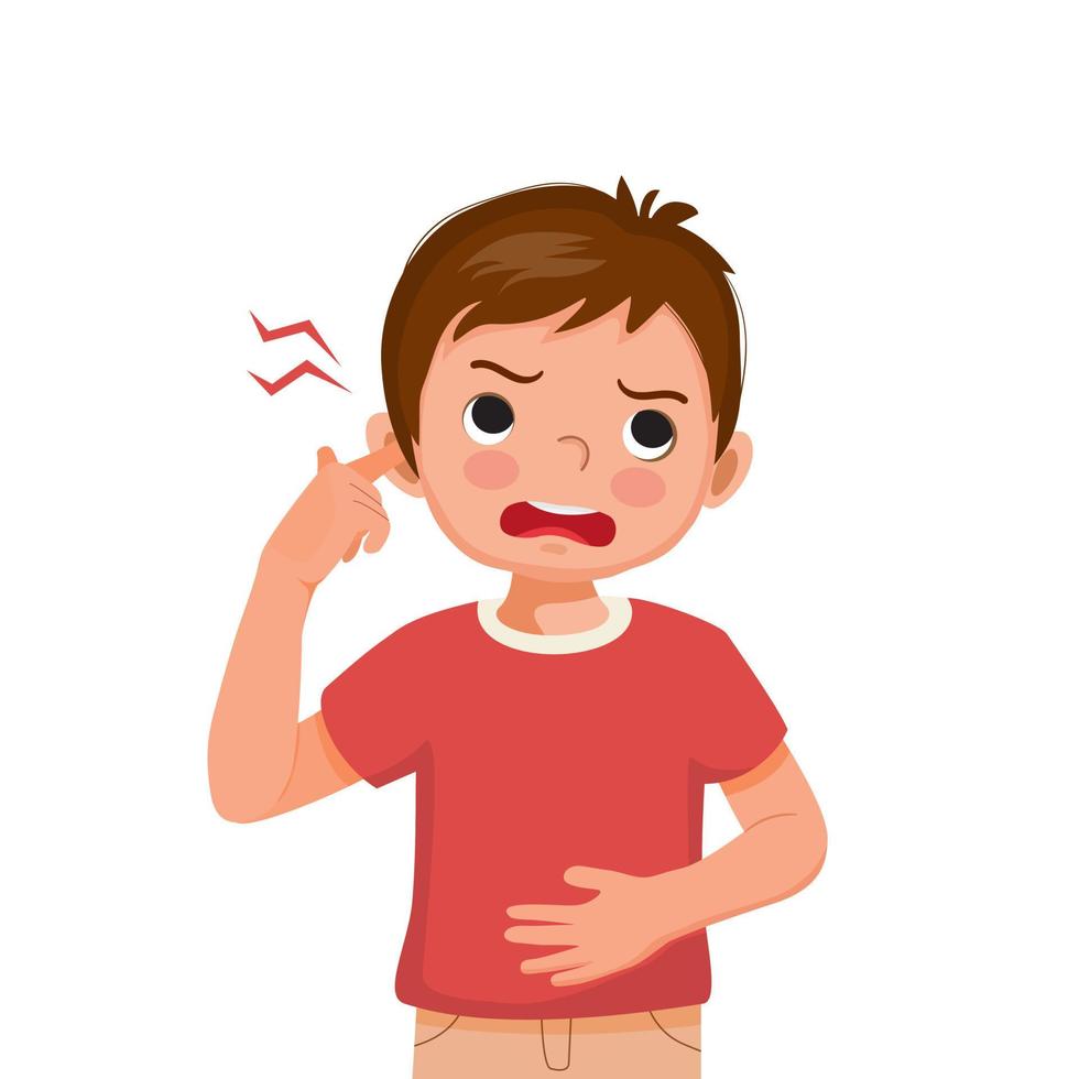 el niño pequeño tiene dolor de oído al tocar su oído con el dedo debido a una infección, inflamación, sensación de dolor por dentro vector