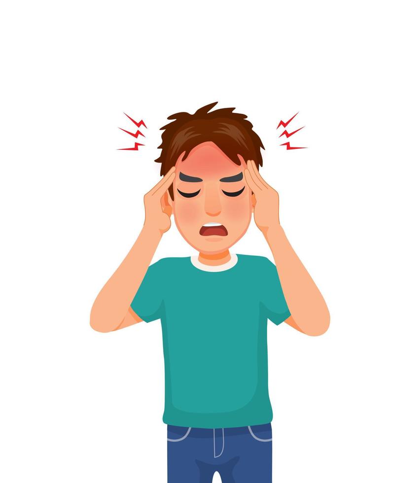 upset young man having a headache with hand squeezing his head because of stress, migraine, and having worries or anxiety problems vector