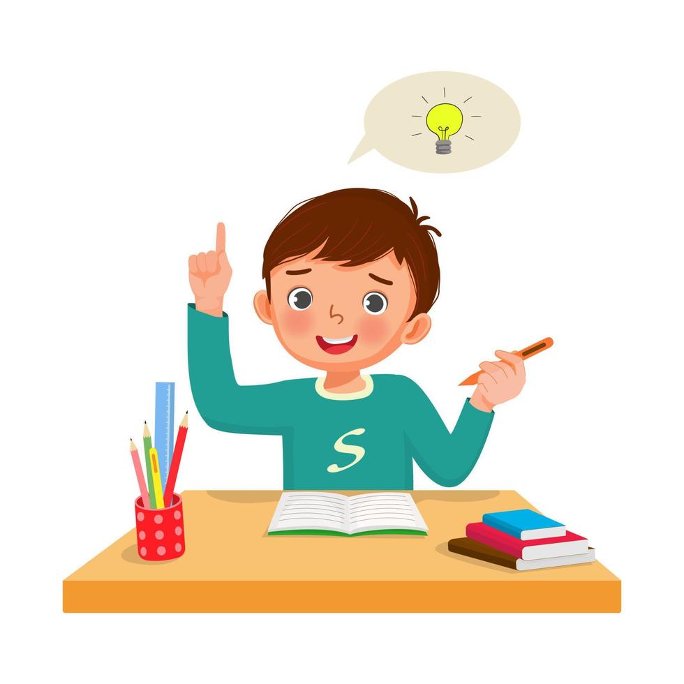 Little boy got an idea to solve the problems in math homework raised his finger pointing up while sitting studying on the desk at home vector