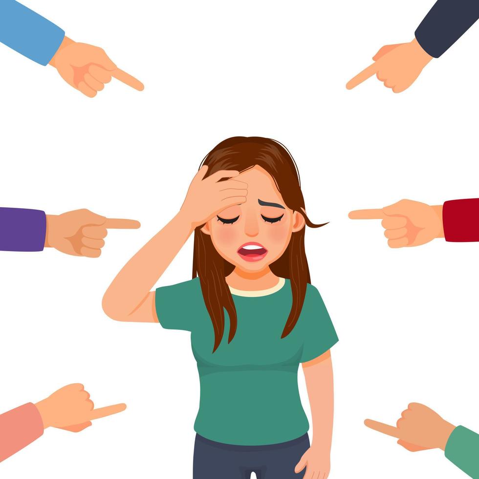 Depressed young woman feeling sad, guilty and ashamed get bullied with finger surrounding pointing at her blaming and accusing her in public vector