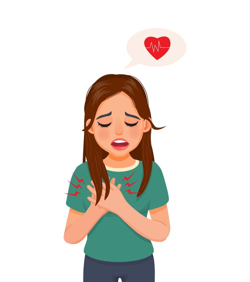 young woman has severe chest pain having heart attack symptom vector