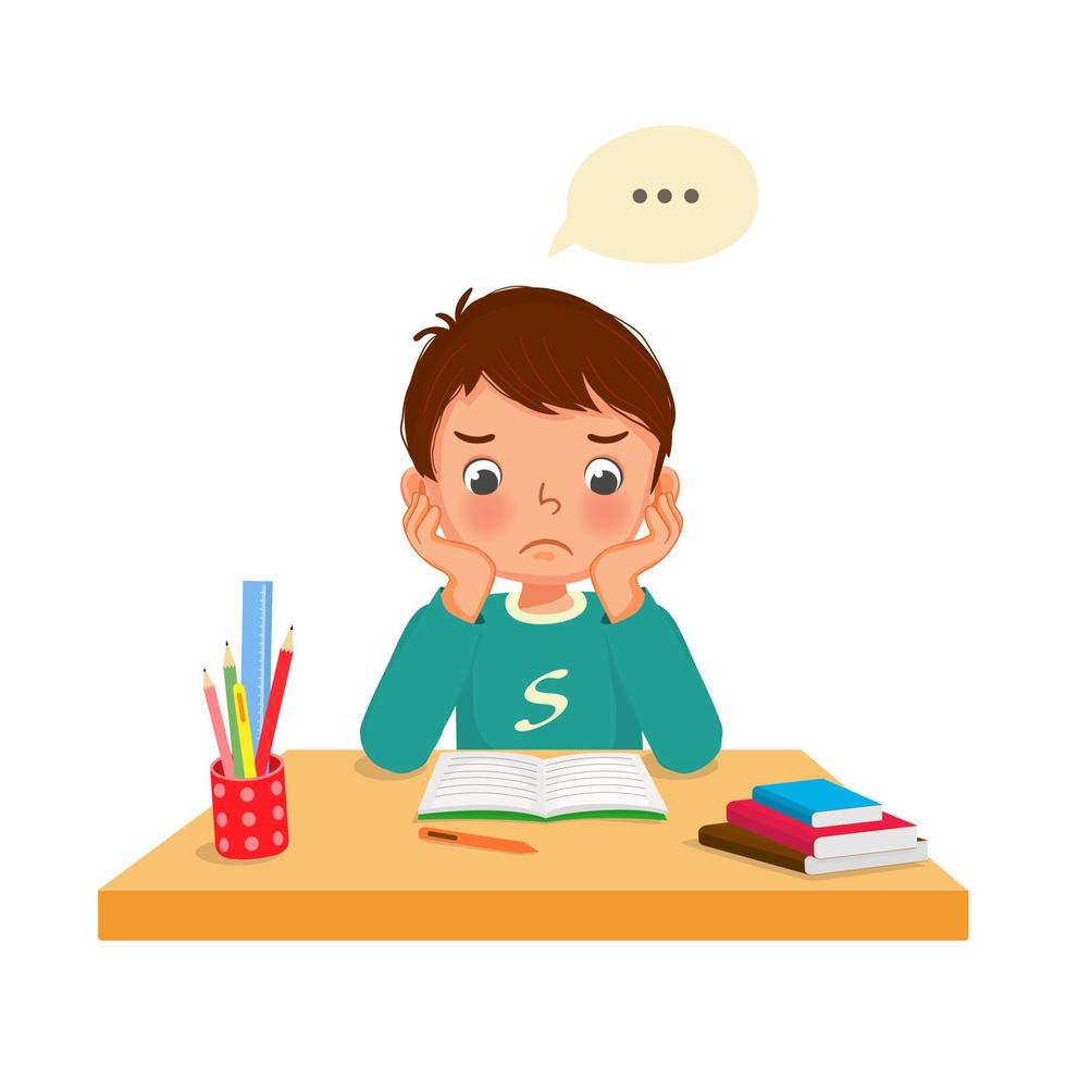 upset little boy with both hands on his cheek feeling tired, bored and lazy studying doing his homework at the desk at home vector