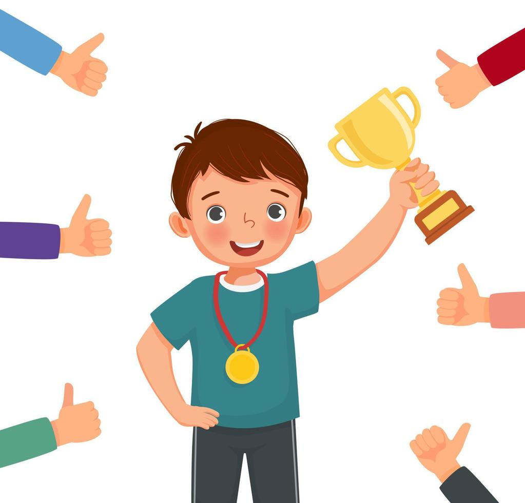 Happy success little boy holding medal and gold cup surrounded by many thumbs up getting public approval, positive feedbacks, appreciation, respect, recognition, honor and like gestures vector