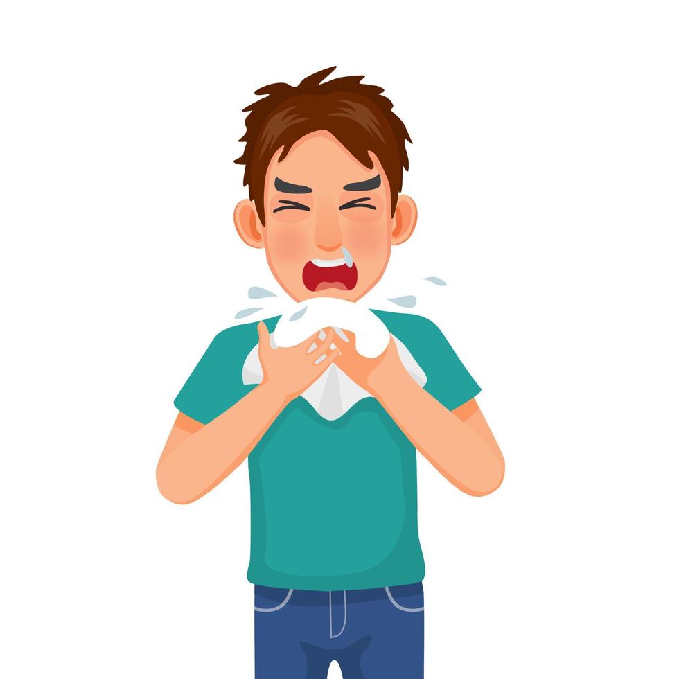 Young man with runny nose holding a handkerchief or tissue sneezing and blowing because of fever, cold, flu, allergy, virus infection vector