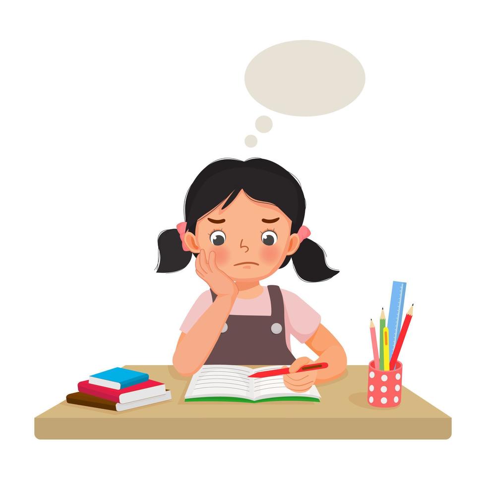 cute little girl with hand on her cheek feeling tired, bored and lazy studying and doing her difficult math homework at the desk at home vector