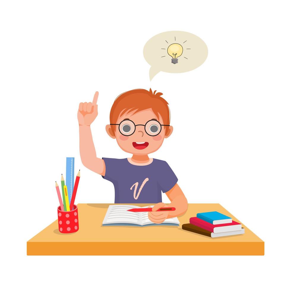 Cute little boy got an idea to solve the problems in math homework raising his index finger pointing up while sitting studying on the desk at home vector