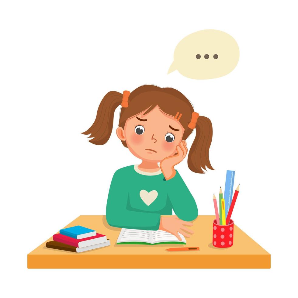 upset little girl with hand on her cheek feeling tired, bored and lazy studying, doing her difficult math homework at the desk at home vector